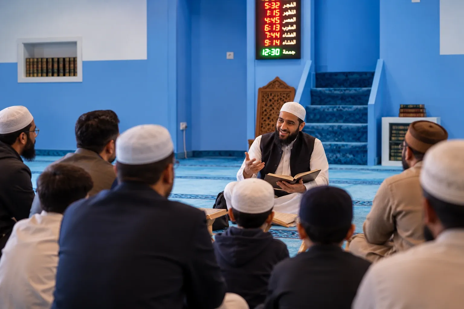 Imam mit dem Qur’an in der Hand, um ihn herum sitzen Männer und Kinder im Gebetsraum