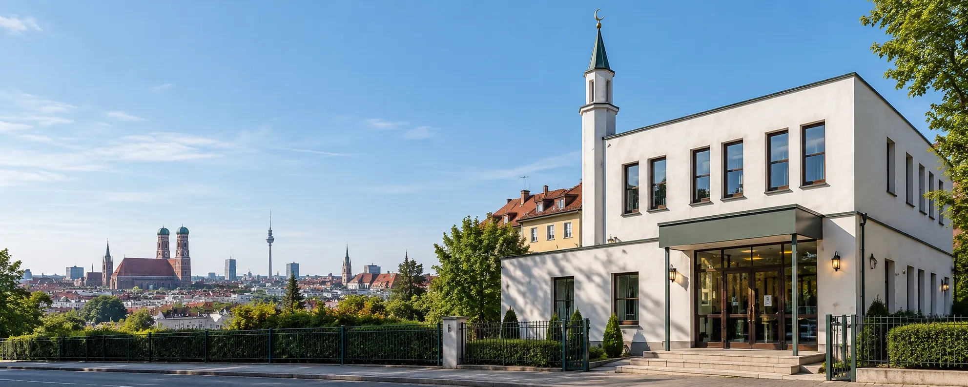Moscheegebäude mit Minarett am Rand von München, links die Altstadt mit Frauenkirche und Olympiaturm