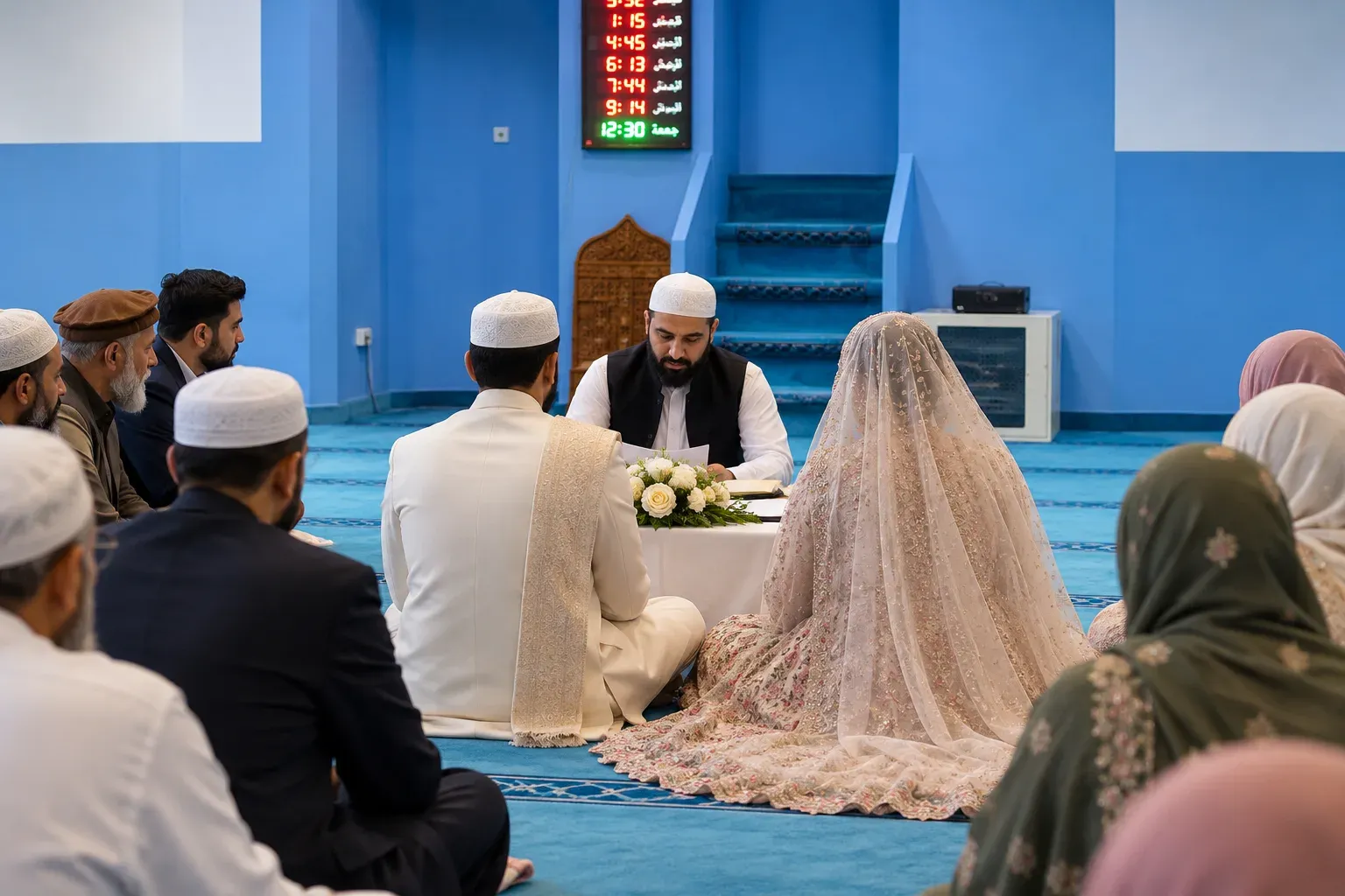Brautpaar sitzt vor dem Imam im Gebetsraum, Familie und Gäste schauen zu