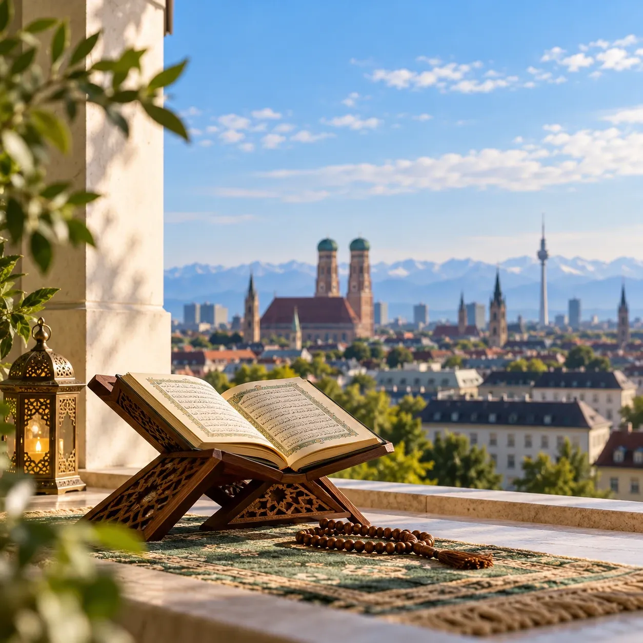 Aufgeschlagener Qur’an auf einem Holzpult, dahinter die Münchner Altstadt mit Frauenkirche