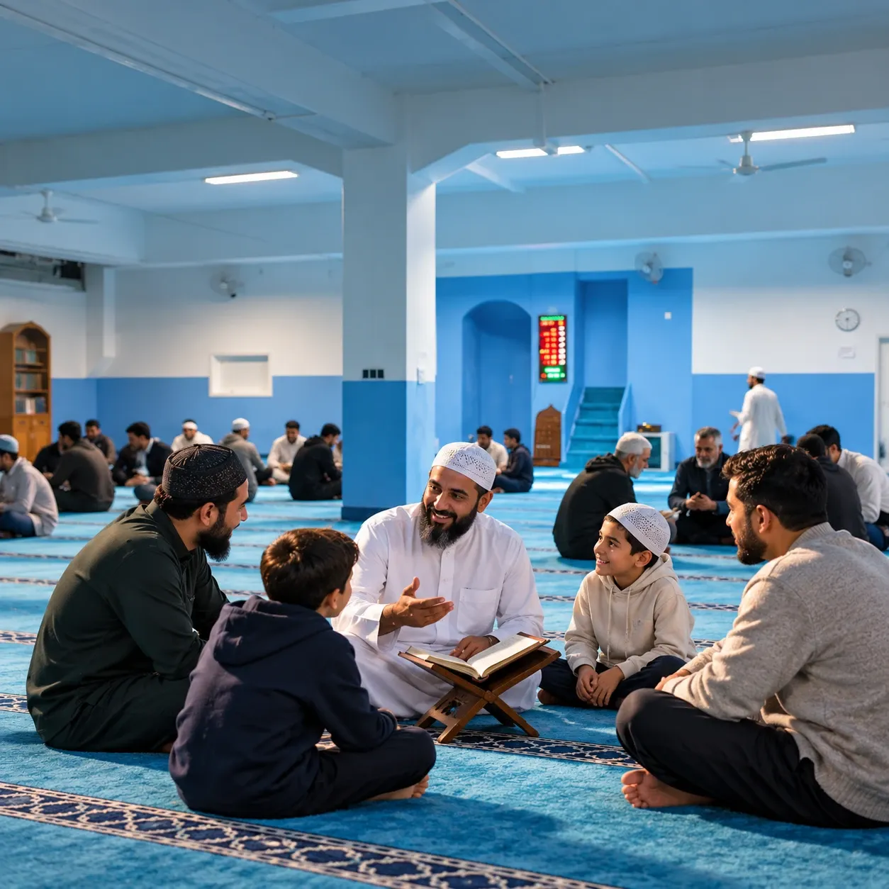 Ein Imam erklärt Kindern und Vätern im Gebetsraum den Qur’an