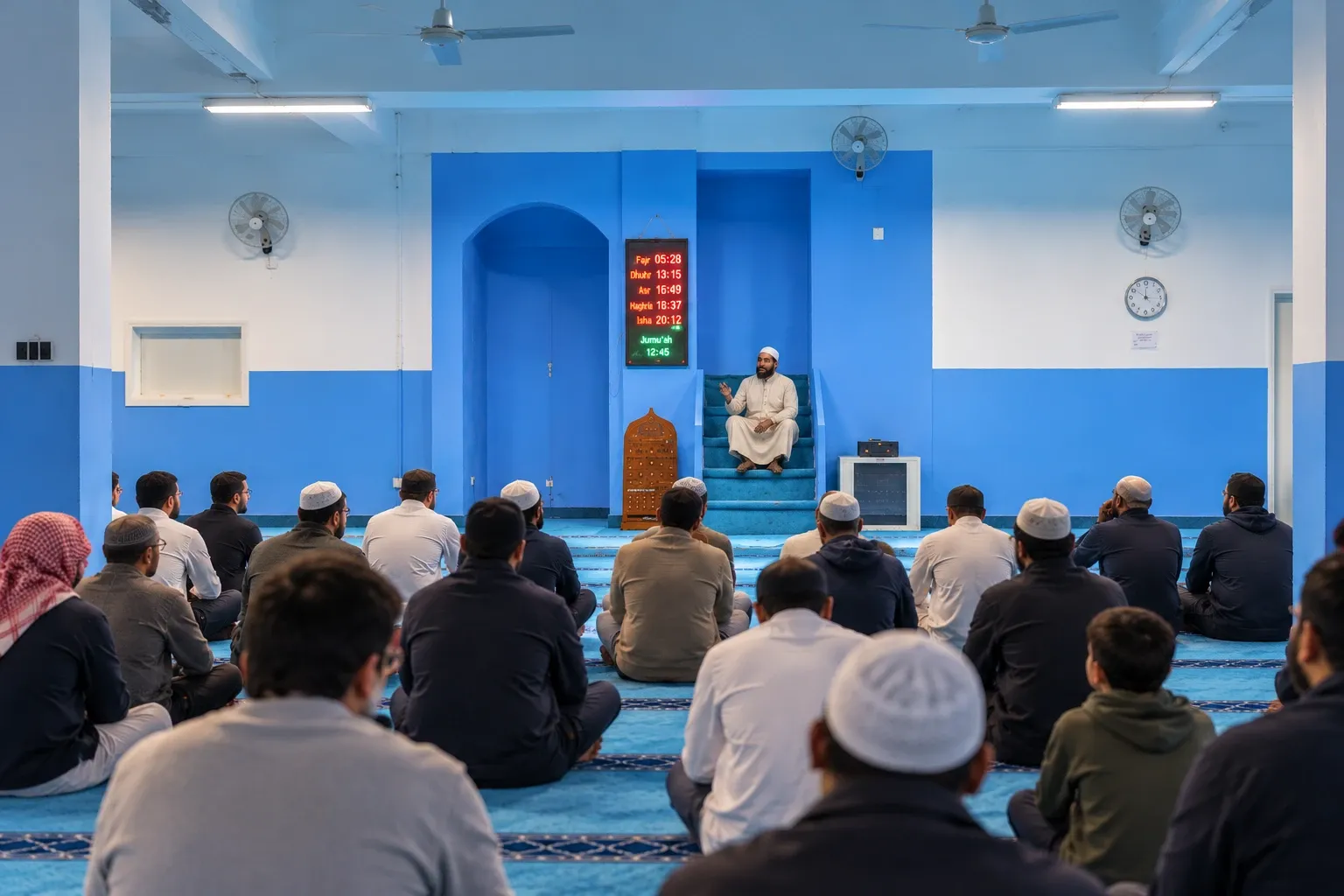 نماز ہال میں بیٹھے لوگ امام صاحب کا بیان سن رہے ہیں